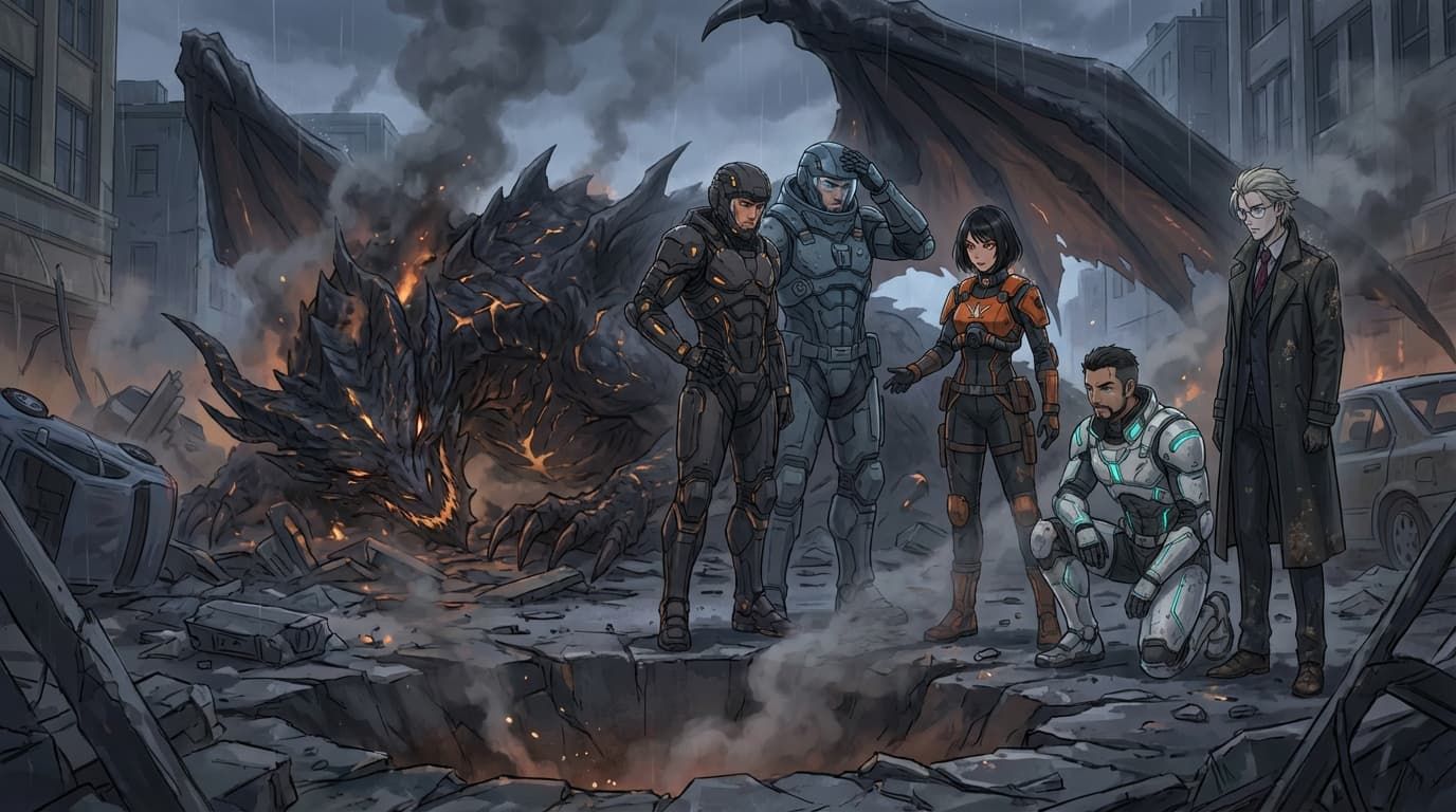 A medium shot captures Solution, Kraius Locke, standing resolute in his matte black exo-frame, one gauntleted hand resting on his hip as he surveys the immense, smoking crater in the center of a devastated Seattle street. Beside him, King, the broad-shouldered Altered in his matte-slate cryo-rig, shields his visor with an armored hand, his blue-gray eyes narrowed against the lingering dust and light. Selene Fjord, Queen, the S-Rank Pyromancer, stands with a balanced posture, her flame-rated suit showing signs of battle, a compact respirator still partially obscuring her face as she gestures with a steady hand towards the ground. To the right, Love, the Human Healer, Wade, his white plates scuffed and teal suture-circuit lines faintly glowing, kneels beside a fallen Taranis, his diagnostic lenses reflecting a soft bioluminescent halo in his tired, kind eyes. Nearby, Dr. Might, the spectral Human Tempus, stands unnervingly still, his pale steel-blue eyes flickering with residual temporal energy, his dark field coat dusted with debris. The colossal, ruined form of Zyharion, the Infernal Sovereign, lies sprawled across shattered concrete and overturned vehicles, its immense body smoldering under the overcast Washington sky. The air is thick with dust and the acrid scent of ozone, remnants of the cataclysmic orbital strike that has just concluded, leaving an atmosphere of grim victory and exhausted relief. The team standing victorious over the body of a defeated demon the size of a 40 foot tall building in the streets of Seattle. Try to match the art style as closely as possible to the reference images. This image should look like it goes with the existing ones. If there is a conflict between the descriptions and what you see in reference images, prioritize the reference images. For example, if someone is blonde in the description but brunette in the reference image, use the reference image hair color.